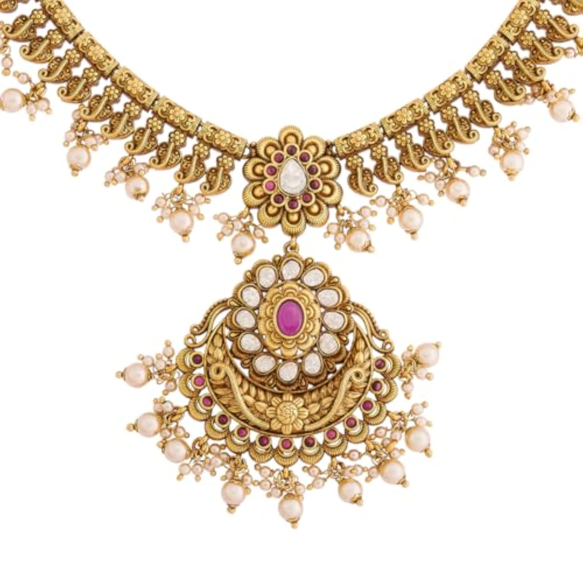 Ruby Gold Plated Antique Necklace Set with Earrings for Women